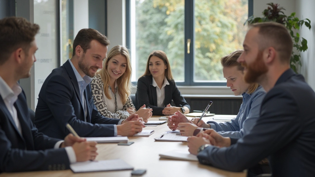 Vrouw in klaslokaal met notitieblok en pen, glimlachend naar de camera