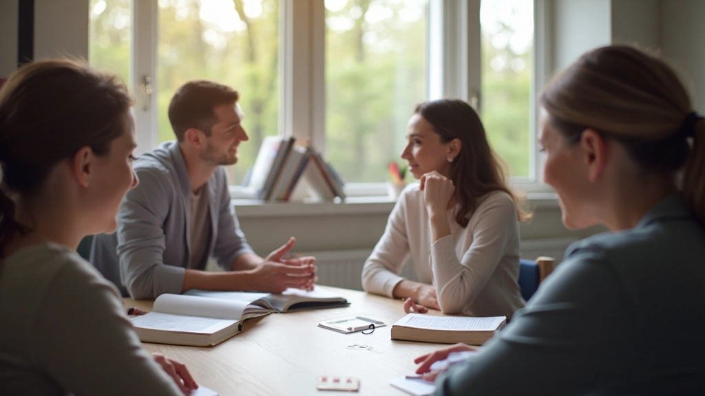 Groep studenten om tafel met Nederlands woordenboek en werkboek, praatbubbelstickers op papier