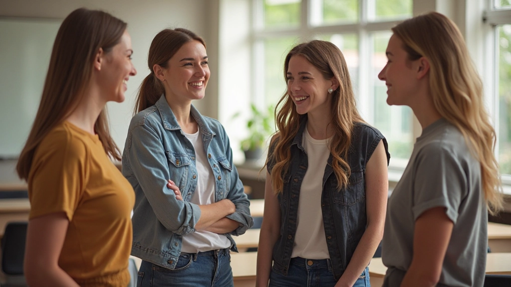Groep Nederlandse cursisten in klaslokaal, lachend en pratend in cirkelformatie, diverse leeftijden en achtergronden