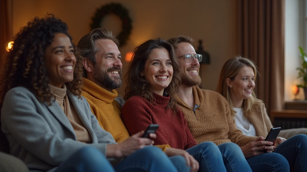 Diverse groep van vier volwassenen, volledig gekleed, zitten samen en kijken naar film, gelukkige uitdrukkingen, gezellige huiskamer, warme verlichting, onscherpe achtergrond