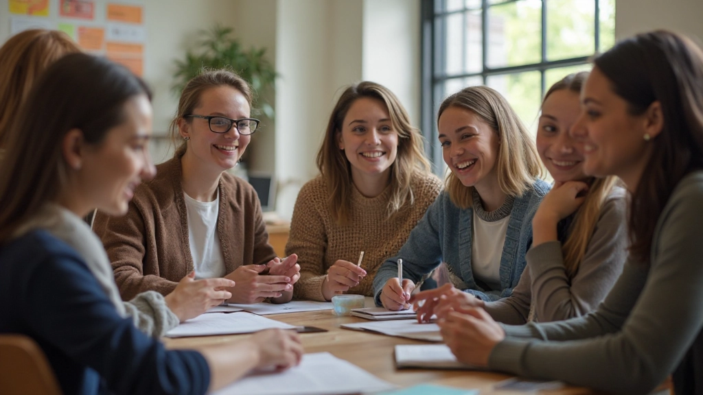 Diverse groep migranten in een cultureel integratielokaal waar ze Nederlands leren en naar elkaar luisteren