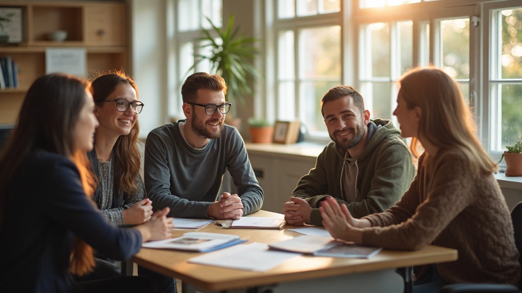 Groep studenten in een Nederlands klaslokaal die samen aan een tafelgesprek deelnemen