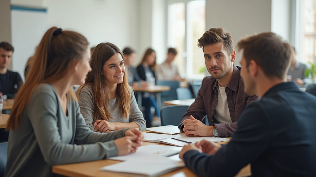 Studenten in groepjes aan tafeljes die samen Nederlands oefenen