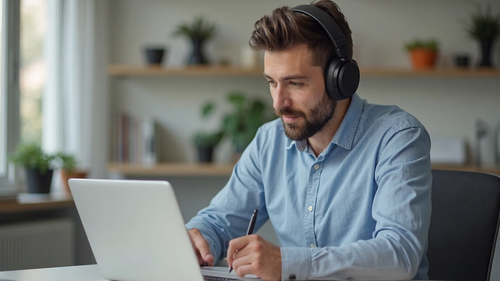 Man van 35 jaar, volledig gekleed in casual kleding, zit aan bureau met laptop, koptelefoon op, notities makend, concentreerde blik, modern kantoor, daglicht, onscherpe achtergrond