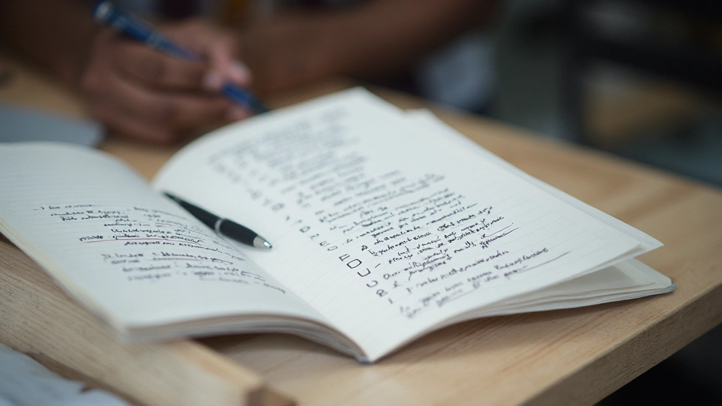 Notitieboek met Nederlandse woorden en zinnen, pen ernaast