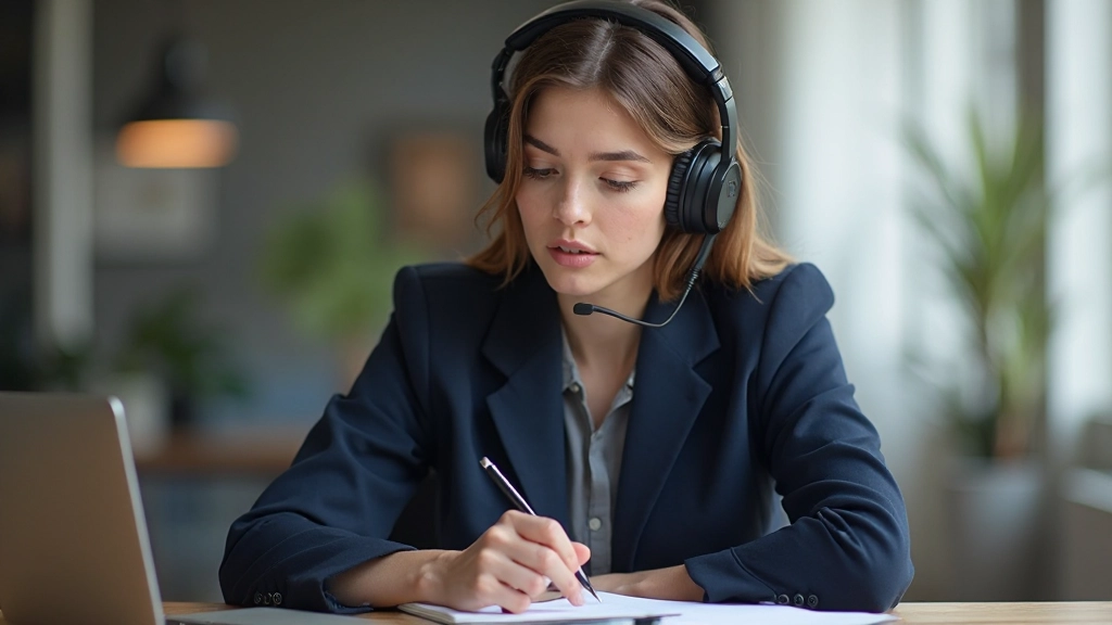 Vrouw van 28 jaar, volledig gekleed in marine blazer, zit aan bureau met aantekeningen en koptelefoon, concentratie op gezicht, moderne werkplek, natuurlijk licht, onscherpe achtergrond