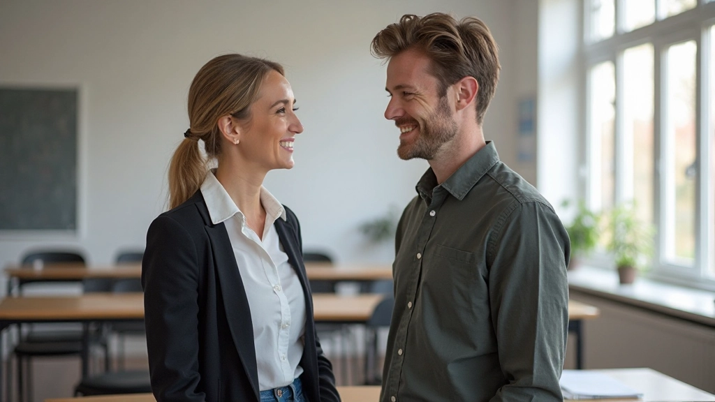 Vrouw en man staande in Nederlands klaslokaal, gespreksbelletjes met Nederlands woorden boven hun hoofd, vriendelijk gezichtsuitdrukking