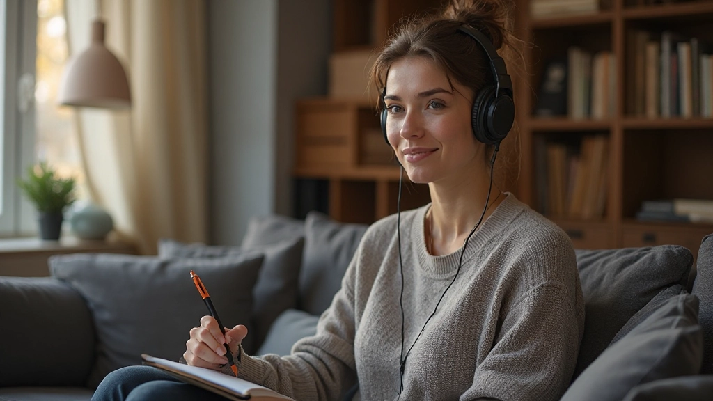 Vrouw van 32 jaar, volledig gekleed, zit comfortabel met koptelefoon, notebook en pen, geconcentreerde uitdrukking, moderne huiskamer, warm licht, onscherpe achtergrond